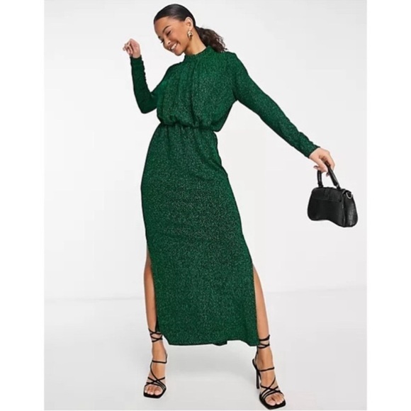 ASOS Dresses & Skirts - Y.A.S. NWT Green Glitter Long Sleeve Ruched Front Midi Dress XXL